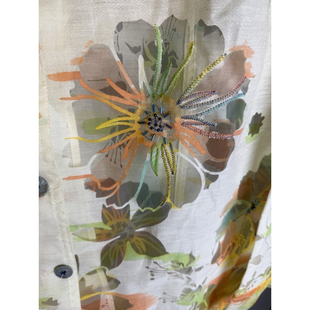 A La Carte Sz L Button Up Semi-Sheer Long Sleeve Floral Hippy Tropical Org.$177 - Picture 5 of 8